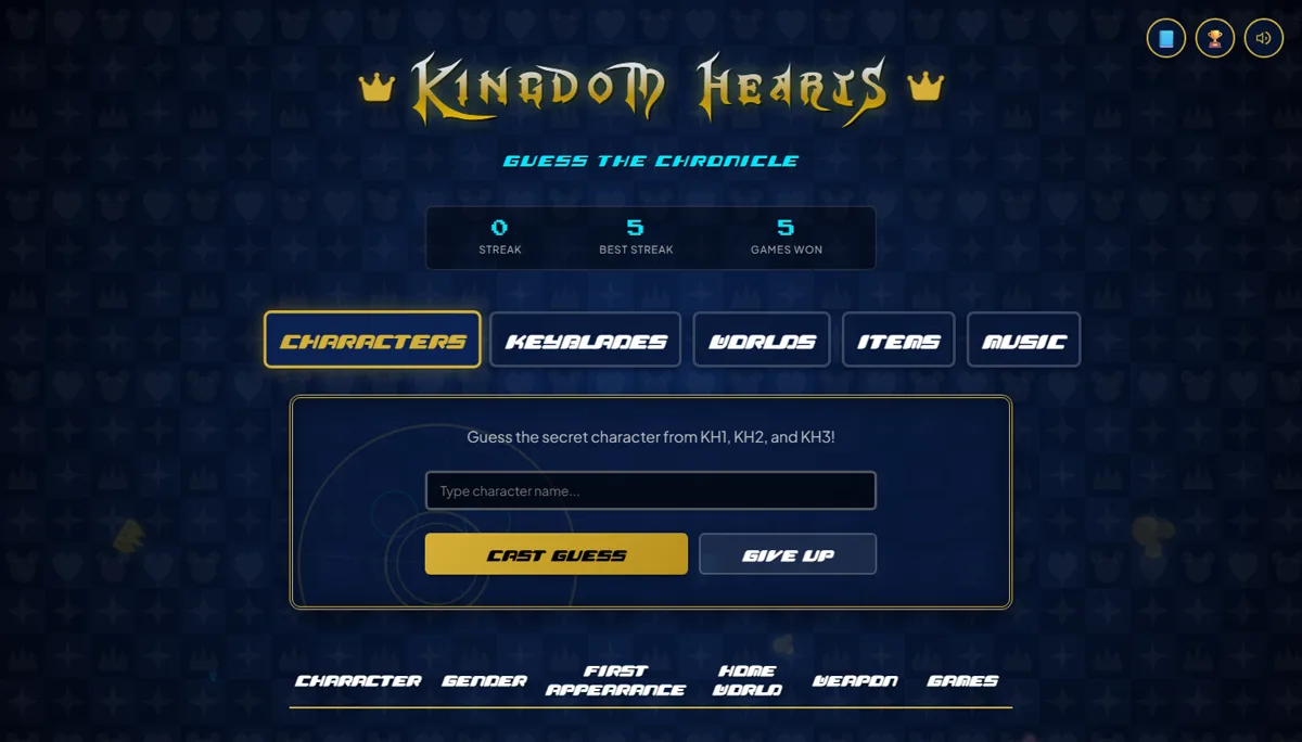Kingdom Hearts guessing game with category tabs and a guess box