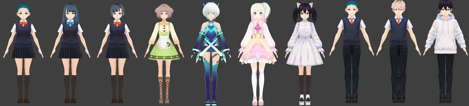 Ten anime-style 3D characters in different outfits